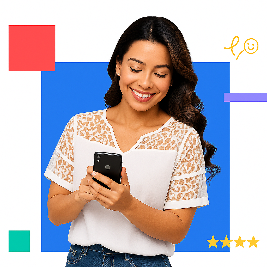 Personne souriante tenant un smartphone